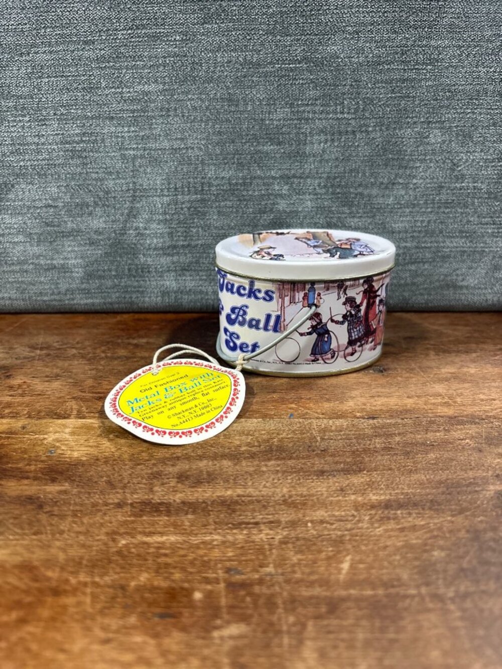 Old Fashioned Metal Box Jacks & Ball Set With Illustrated Tin Container 1978